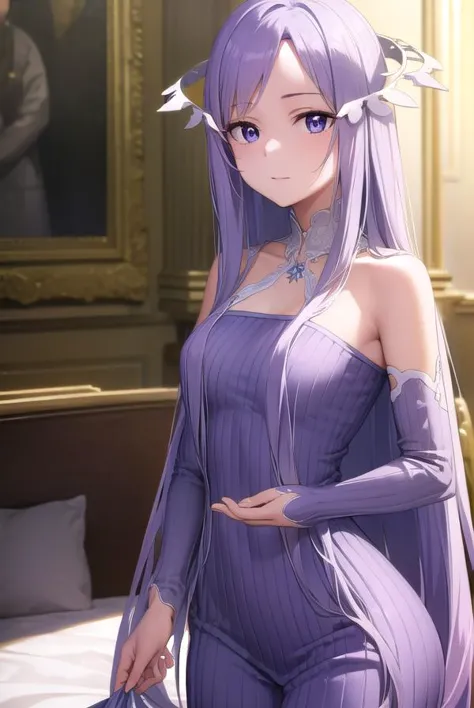 quinella, <lyco:quinellav2-lyco-nochekaiser:1>,
quinella, absurdly long hair, (purple eyes:1.1), long hair, parted bangs, purple hair, very long hair, hair ornament,
BREAK dress, purple dress, ribbed dress, detached sleeves, sleeveless,
BREAK indoors, bed,
BREAK looking at viewer, (cowboy shot:1.5),
BREAK <lyco:GoodHands-beta2:1>, (masterpiece:1.2), best quality, high resolution, unity 8k wallpaper, (illustration:0.8), (beautiful detailed eyes:1.6), extremely detailed face, perfect lighting, extremely detailed CG, (perfect hands, perfect anatomy),