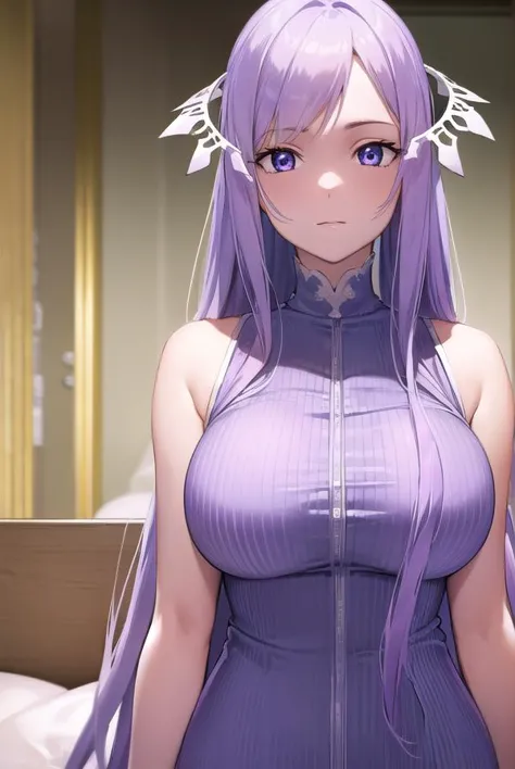 anime girl with purple hair and white wings in a purple dress