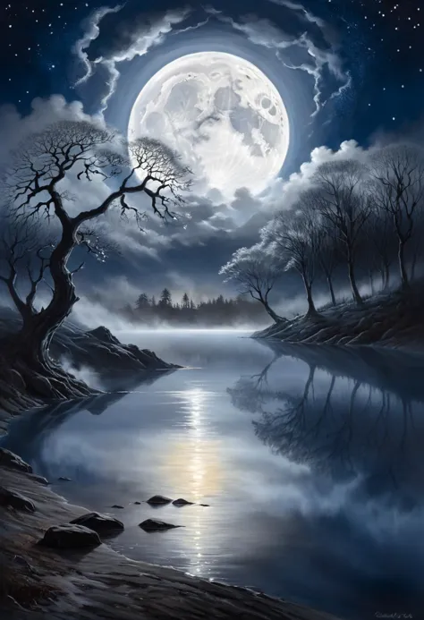 romantic art, surreal painting, A breathtaking starry sky spreads out, adorned with swirling clouds that cast soft shadows as they drift lazily across the sky. In the foreground a still lake lies gently under the silvery glow of the full moon. A light veil of mist lies over the scene illuminated by the silvery light, fire far away, the whole picture is painted in silver and dark blue, 
<lora:zavy-nfrrd-sdxl:1> zavy-nffrd