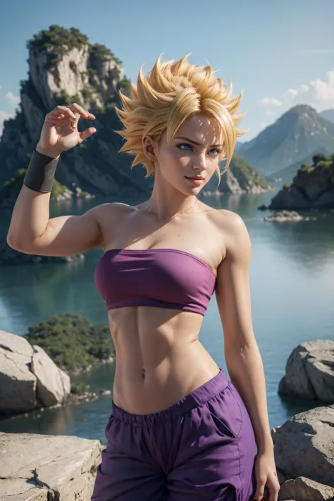 ((ssjcaulifla)), ((blonde hair)), (spiked hair), blue eyes, pink (tube top), strapless, purple (pants), baggy pants, bracers, looking at viewer, smirk, smile, green sky, mountains, rock formations, standing, close-up,