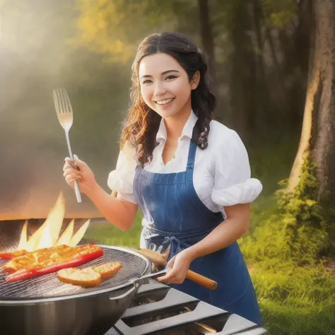 award winning portrait photo of a young woman cooking in an outdoor grill, 
smile, joking, digital painting, concept art, smooth, sharp focus, rule of thirds, light fantasy,intricate details, 
wide shot