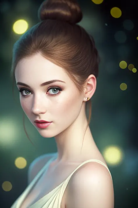 High detail RAW color sensual photo of ( 25yo woman) with perfect face and perfectbright eyes, pale skin and freckles, (cone hair bun) , realistic, highly detailed, harsh lighting, cinematic lighting, art by artgerm and greg rutkowski and alphonse mucha, (...