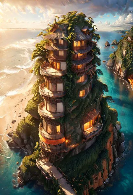 ASCIIA breathtaking, award-winning digital illustration of a cliff building overlooking a pristine sea bay and sandy beach. A so...