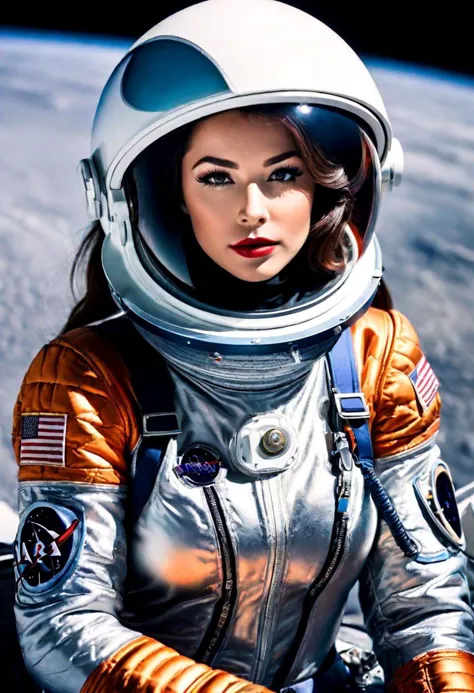 a woman in a sexy space suit posing for a picture, a colorized photo, space art, beautiful woman in spacesuit , woman astronaut