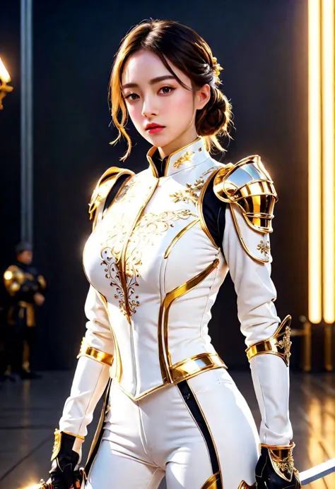 a woman in white and gold outfit holding a sword