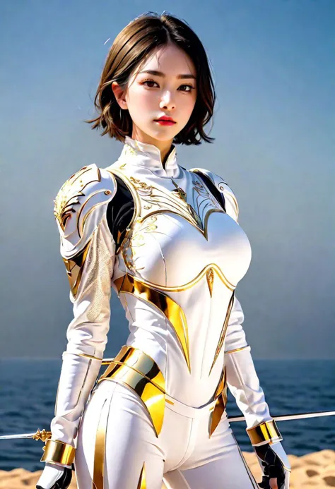 a woman in a white and gold outfit posing on a beach