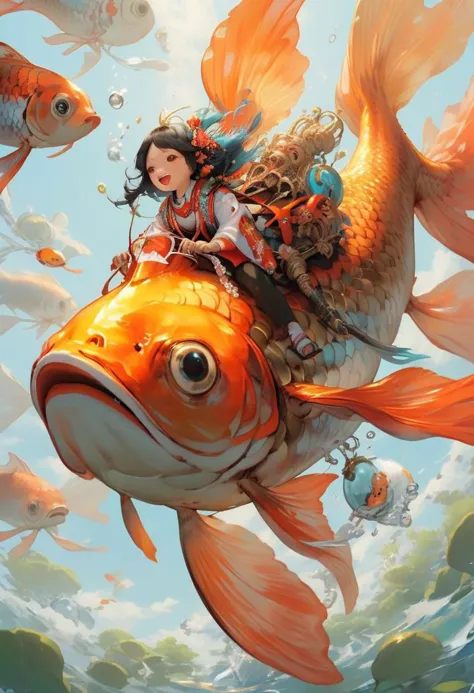 super vista, super wide Angle
goldfish1girl a girl riding on a large goldfish,  <lora:~Q?-Y'| goldfish:0.8>
