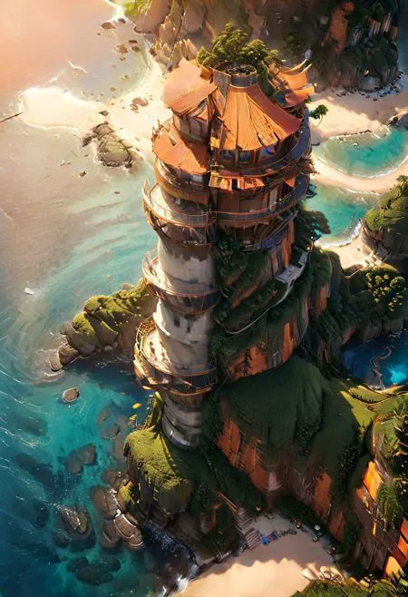 ASCIIA breathtaking, award-winning digital illustration of a cliff building overlooking a pristine sea bay and sandy beach. A solitary palm tree stands tall, swaying gently in the ocean breeze. The sun sets majestically, casting an orange and golden glow across the sky. Fluffy clouds drift by, adding depth and dimension to the scene. The intricate details of the cliffbuilding , the high-quality textures, and the detailed shadows create a cinematic effect. The light source contrast and perspective give the image a sense of depth and a three-dimensional quality. This ultra-detailed, highly detailed CG illustration evokes the essence of the 1920s while maintaining a timeless, expressionless beauty.