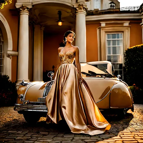 photo d&#39;une jeune femme dans une robe fluide, robe élégante, sortir d&#39;une luxueuse voiture vintage devant un manoir majestueux, avec une expression royale et confiante sur son visage. Le soleil couchant jette une lueur chaleureuse sur la scène, ajoutant au sentiment de grandeur et d&#39;élégance