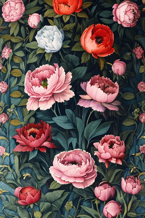 a close up of a painting of flowers on a wall