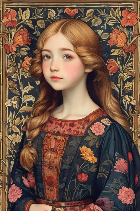 a painting of a girl with long red hair and a black dress