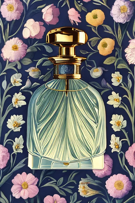 masterpiece,best quality,<lora:tbh192-:1>,style of  William Morris A bottle of perfume in garden