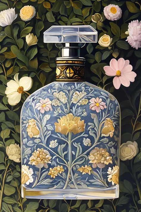 painting of a perfume bottle with flowers and leaves on a wall