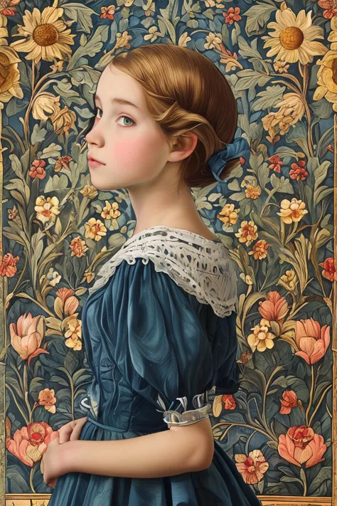 arafed portrait of a young girl in a blue dress