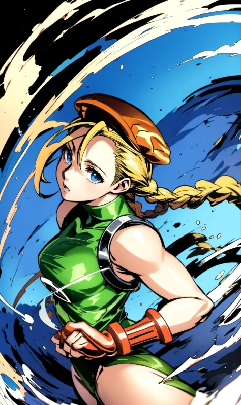 ((in the Style of Studio Trigger)), 1girl, (((Cammy White, Street Fighter))), ((medium long shot, low angle, looking at viewer, ...
