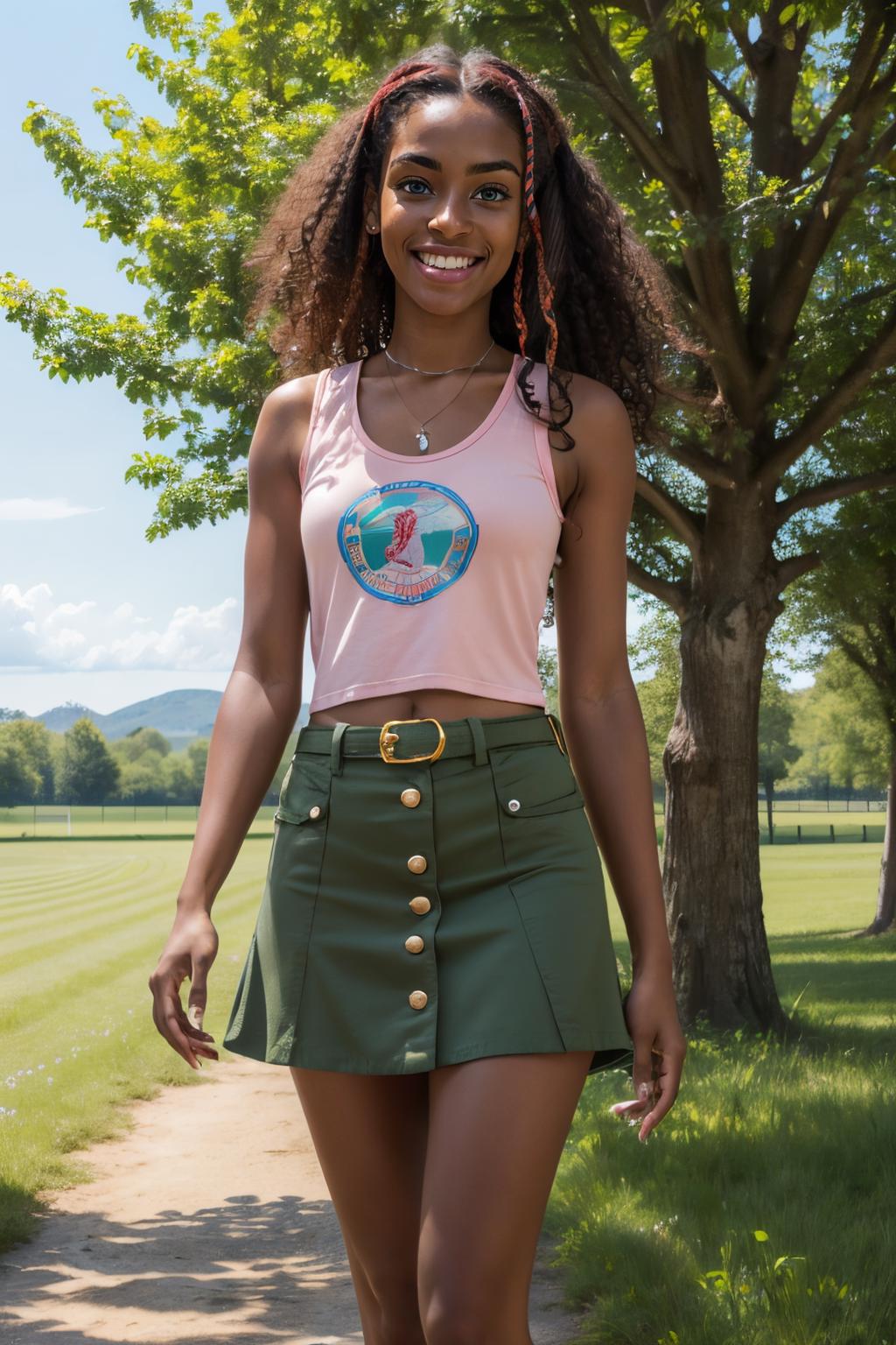 Una mujer con un top rosa y una falda verde caminando por un sendero -  SeaArt AI