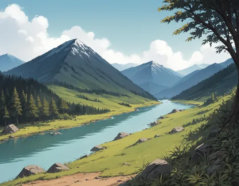 there is a painting of a mountain river and a forest