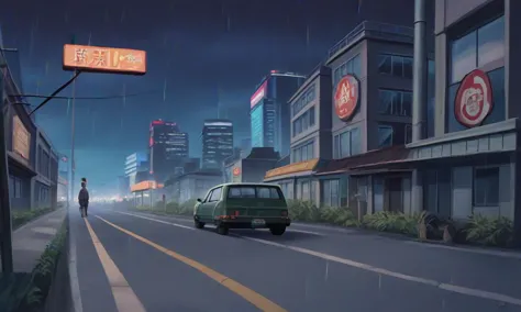 anime scene of a man walking down a street in the rain