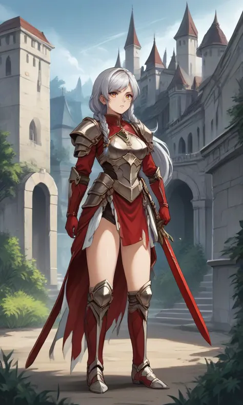 a woman in armor stands in front of a castle