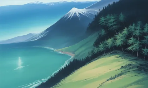 score_9, score_8_up, score_7_up, score_6_up, score_5_up, score_4_up, source_anime, BREAK, beautiful and mesmerizing, birch forest, landscape, (ocean:0.9), mountainous horizon, mountain, (from above:1.1), (no humans:1.1),  retro artstyle, <lora:PonyOldSchoolV2-08:1>