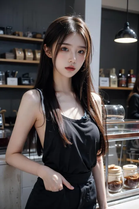 18 year old barista, makeup, gorgeous, very long straight hair, standing in a cafe