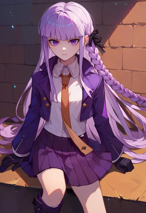 anime girl with long purple hair and a tie sitting on a ledge