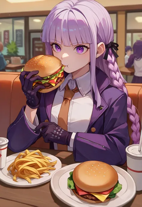 score_9, score_8_up, score_7_up, source_anime, 1girl, Kyoko, purple eyes, purple hair, long hair, braid, black gloves, purple jacket, brown necktie, white shirt,  purple skirt, cafe, eating burger, pov  <lora:KyokoPXL-000010:1>