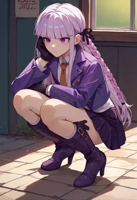 anime girl with purple hair and purple boots sitting on the ground