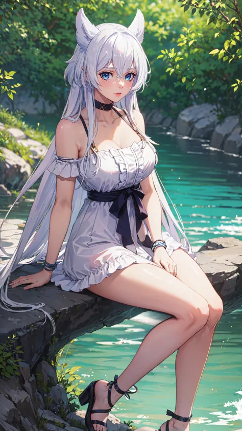 anime girl sitting on a rock by a river with a cat tail