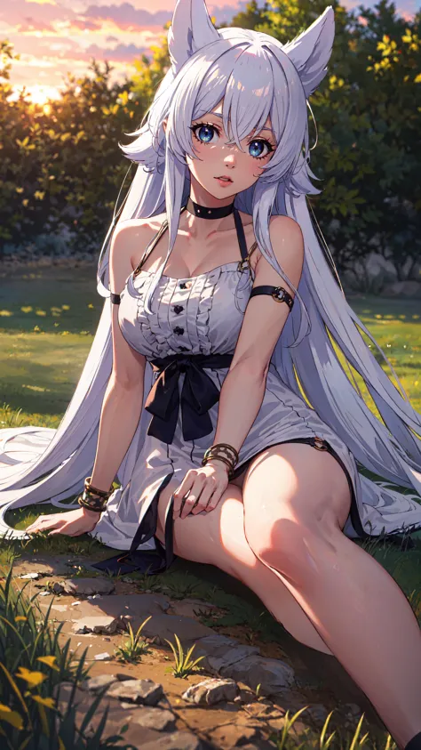 photorealistic, (4k), depth of field, (Masterpiece), (realistic skin texture), extremely detailed, intricate, hyper detailed, professional photography, bokeh, high resolution, sharp detail, best quality, girl, white hair, long hair, animal ears, blue eyes, white dress, bracelets, bare shoulders, blue ribbon, chocker, gladiator sandals,<lora:GoodHands-vanilla:0.4>, <lora:detail_slider_v4:0.8> , dynamic pose, (lying on stomach),  <lora:Fenrys-000004:0.7>, open field, wheat field, sunset,