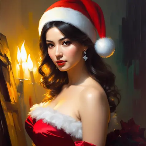 ((christmas time)), (((christmas woman))), kitchen, breasts, complimentary colors, santa hat, perfect lighting, perfect composit...