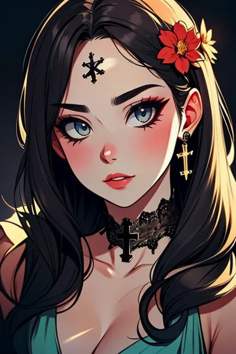 (best quality, masterpiece, Insane Details),extremely detailed CG,1girl,beautiful detailed face,make up,beautiful detailed eyes,beautiful detailed hair,contemporary,Drunk,Hiding,holding flower,Cross lighting,