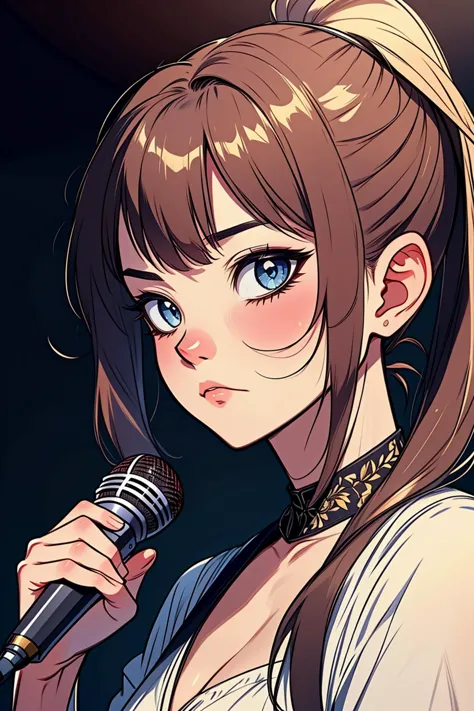 (best quality, masterpiece, Insane Details),extremely detailed CG,1girl,beautiful detailed face,make up,beautiful detailed eyes,beautiful detailed hair,contemporary,Frown,Writing,holding microphone,Soft lighting,twintails,Ponytail with Bangs,sidelocks,