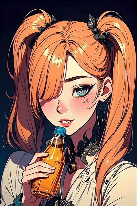 (best quality, masterpiece, Insane Details),extremely detailed CG,1girl,beautiful detailed face,make up,beautiful detailed eyes,beautiful detailed hair,contemporary,Happy Halloween,Spinning,holding_bottle,Par lighting,twintails,drill hair,hair over one eye,