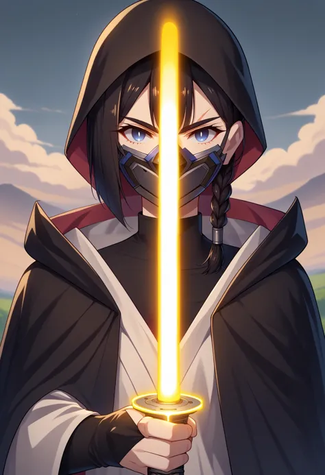 score_9, score_8_up, 1girl, solo, FVisions, blue eyes, white pupils, black hair, side braid, single braid, short hair, cheek scar, mask, covered mouth, hood, hooded cloak, turtleneck, black cloak, black bodysuit, bridal gauntlets, energy sword, holding katana, swordup, holding lightsaber, looking at viewer, <lora:swordup-pose-richy-v1_pdxl:1>, <lora:FVisionsPDXL_V1-Manityro-CAME:1>