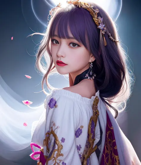 <lora:koreanDollLikeness_v10:0.5>,((masterpiece)), best quality, official art, extremely detailed cg ,8k wallpaper,highres,original,upper body, arms behind back,overexposure crystalstexture skin,coldexpression,longhair,bangs, earrings,blush, braid, braided ponytail, breast, bridal gauntlets, hair ornament, japanese clothes, kimono, large breast, long hair, long sleeves, looking at viewer, mole, mole under eye, purple eyes, purple hair, purple kimono,,extremely delicate andbeautiful,((beautydetailed eye)),highlydetailed,cinematiclighting,((beautiful face)),raiden shogun \(genshin impact\),(originalfigure painting),ultra-detailed,incrediblydetailed,(an extremelydelicate and beautiful),(beautiful detailed eyes.best quality),((1girl)),(solo),((float)),( paint),( dynamic angle),japanese architecture,furniture,(breasts),colorful,(flying petals),<lora:raidenShogunLora_raidenShogun:1.4>