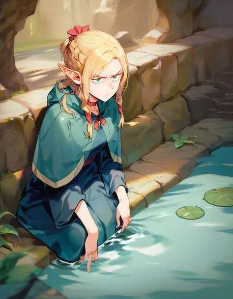 anime girl sitting on the ground next to a pond of water