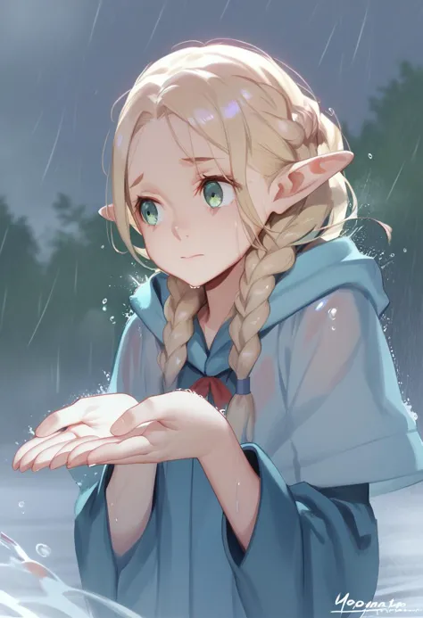 a girl with braids and a blue cape is standing in the water