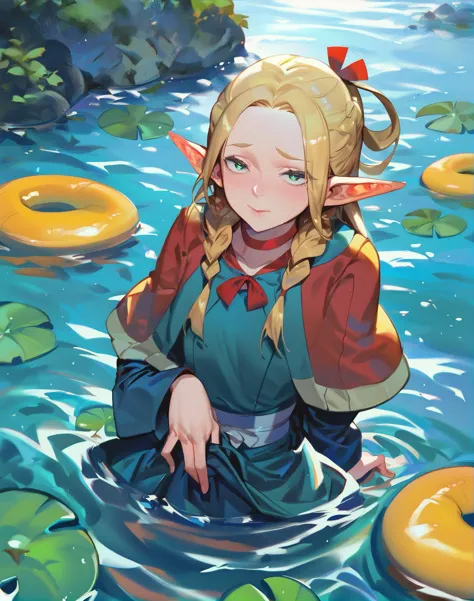 a girl in a dress sitting in a pond with a life ring