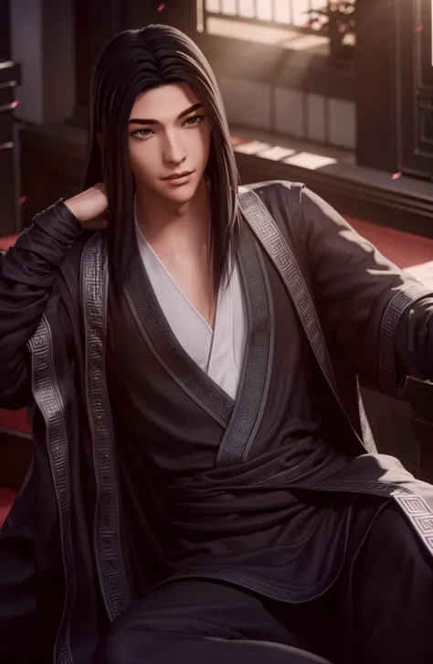 in a room,
sitting at attention, on a chair,
Black outfit,black jacket,
<lora:Sima_Yi_Ravages-KK77-V1:0.7>,realistic,
long hair,...