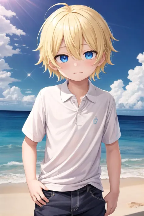 (1boy:1.4), (very short hair), crew cut, (solo:1.4), sfw, (bulge:0.4), male character, ((masterpiece)),
multicolored background, hair between eyes, highlight in eyes, (blonde hair:1.4), full shot,
(polo shirt :1.4), short pants, colorful eyes,  male character
multiple details, sky, sea, beach , outside, short hair, handsome,  beautiful eyes (vocaloid), delicate features, high light in eyes, (narrow chin:1.5), triangle chin, (introvert:1.6)
petite, young, juvenile, short hair, male face, detailed beautiful little boy, adorable boy, sparkling eyes,
faint sneer, energetic eyes