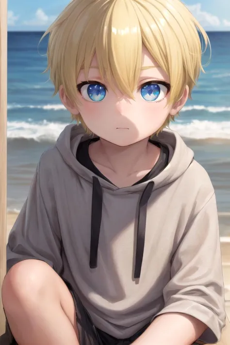 (1boy:1.4),
multicolored background, looking at viewer, hair between eyes, highlight in eyes, (very short hair),
crew cut, (blonde hair:2), (fully clothed :1.4), colorful eyes, ((masterpiece,4:1)),  full shot,
multiple details, sky, sea, beach,  whole body, short hair, handsome, (bulge:0.4), 
beautiful eyes (vocaloid), delicate features, high light in eyes, (narrow chin:1.5), triangle chin,  (introvert:1.6)
petite, young, juvenile, short hair, detailed beautiful , adorable boy, sparkling eyes, (sunset beach), muscular:0.6