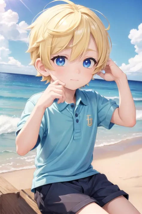 (1boy:1.4), (very short hair), crew cut, (solo:1.4), sfw, (bulge:0.4), male character, ((masterpiece)),
multicolored background, hair between eyes, highlight in eyes, (blonde hair:1.4)
(polo shirt :1.4), short pants, colorful eyes,  male character
multiple details, sky, sea, beach , outside, short hair, handsome,  beautiful eyes (vocaloid), delicate features, high light in eyes, (narrow chin:1.5), triangle chin, (introvert:1.6)
petite, young, juvenile, short hair, male face, detailed beautiful , adorable boy, sparkling eyes,
sitting, faint smile, energetic eyes