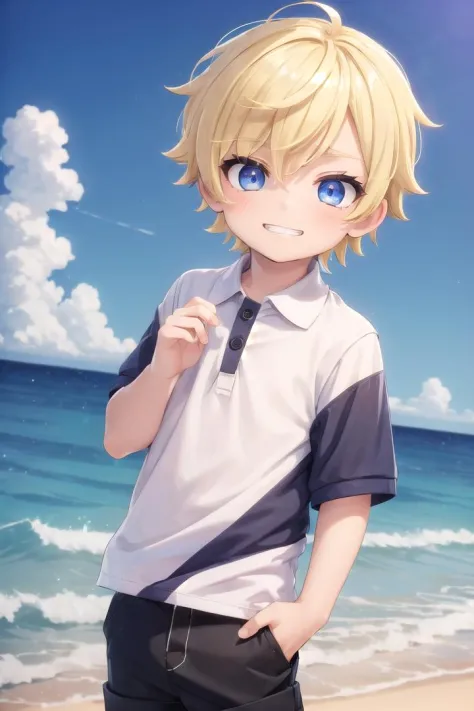 (1boy:1.4), (very short hair), crew cut, (solo:1.4), sfw, (bulge:0.4), male character, ((masterpiece)),
multicolored background, hair between eyes, highlight in eyes, (blonde hair:1.4)
(polo shirt :1.4), short pants, colorful eyes,  male character
multiple details, sky, sea, beach , outside, short hair, handsome,  beautiful eyes (vocaloid), delicate features, high light in eyes, (narrow chin:1.5), triangle chin, (introvert:1.6)
petite, young, juvenile, short hair, male face, detailed beautiful little boy, adorable boy, sparkling eyes,
evil grin,  energetic evil eyes