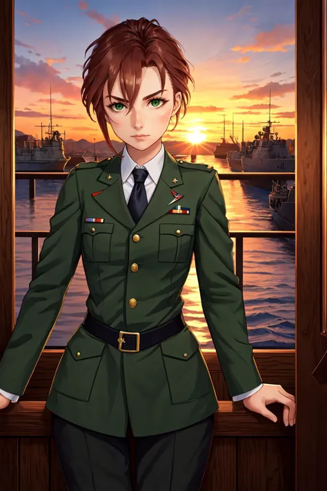 anime girl in uniform standing in front of a window with a sunset in the background