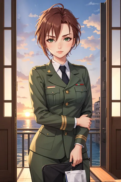 (masterpiece, best quality), ourdoors, sunset, 1girl, solo, KibaManamiManityro, green eyes, <lora:KibaManami_V1-Manityro-dadapt:1>, toned, looking at viewer, military uniform, necktie, military base,