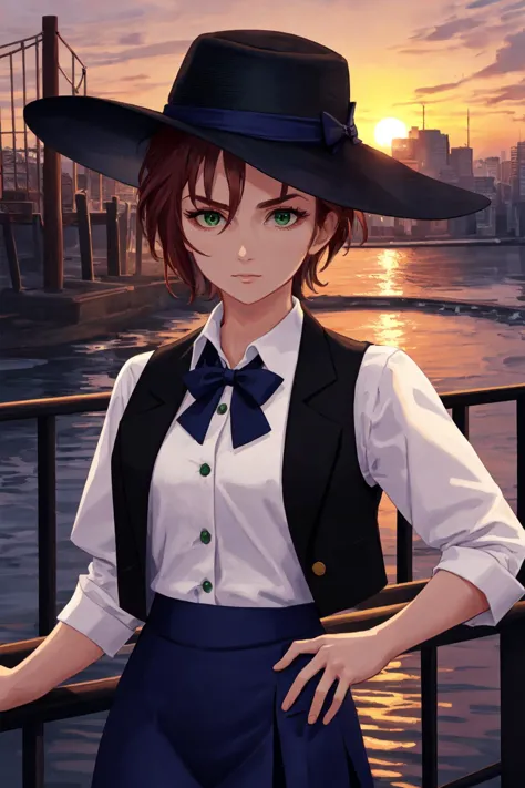 anime girl in a hat and bow tie standing by a railing