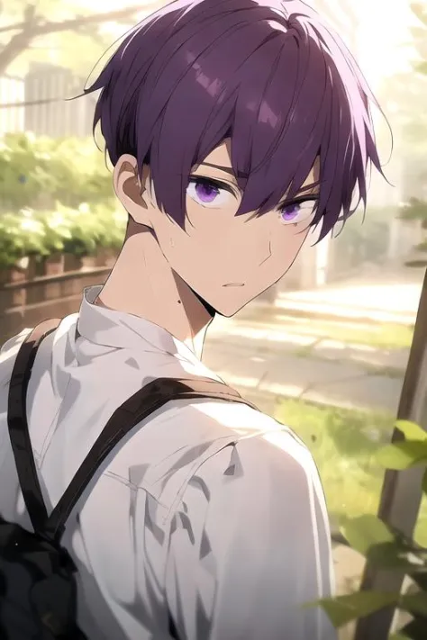 masterpiece, best quality, sketch, 1boy, solo, male focus, looking at viewer, upper body, depth of field, ryou_hoshino, purple hair, purple eyes, , The Shattering Isles,