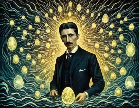 <lora:amsa:0.8>amsa, nikola tesla, light waves, eggs