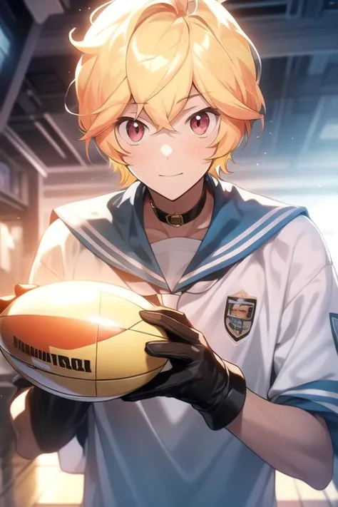 masterpiece, best quality, , 1boy, solo, male focus, looking at viewer, upper body, depth of field, <lora:yumoto_hakone:0.68>, yumoto_hakone, blonde hair, red eyes, sailor collar, bow, gloves, rugby shirt, , science fiction space opera,